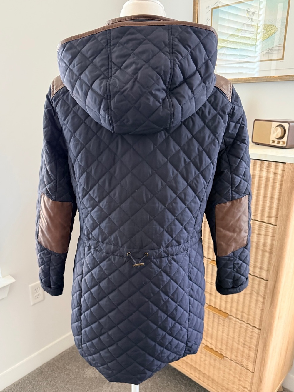 Lauren Ralph Lauren Navy Quilted Hooded Coat with Brown Trim - Picture 3 of 9